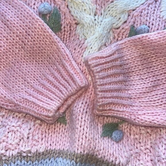 SML Sport Womens Hand-Knit Pink V-Neck Floral Sweater Medium Ramie Blend Vintage - Picture 8 of 11